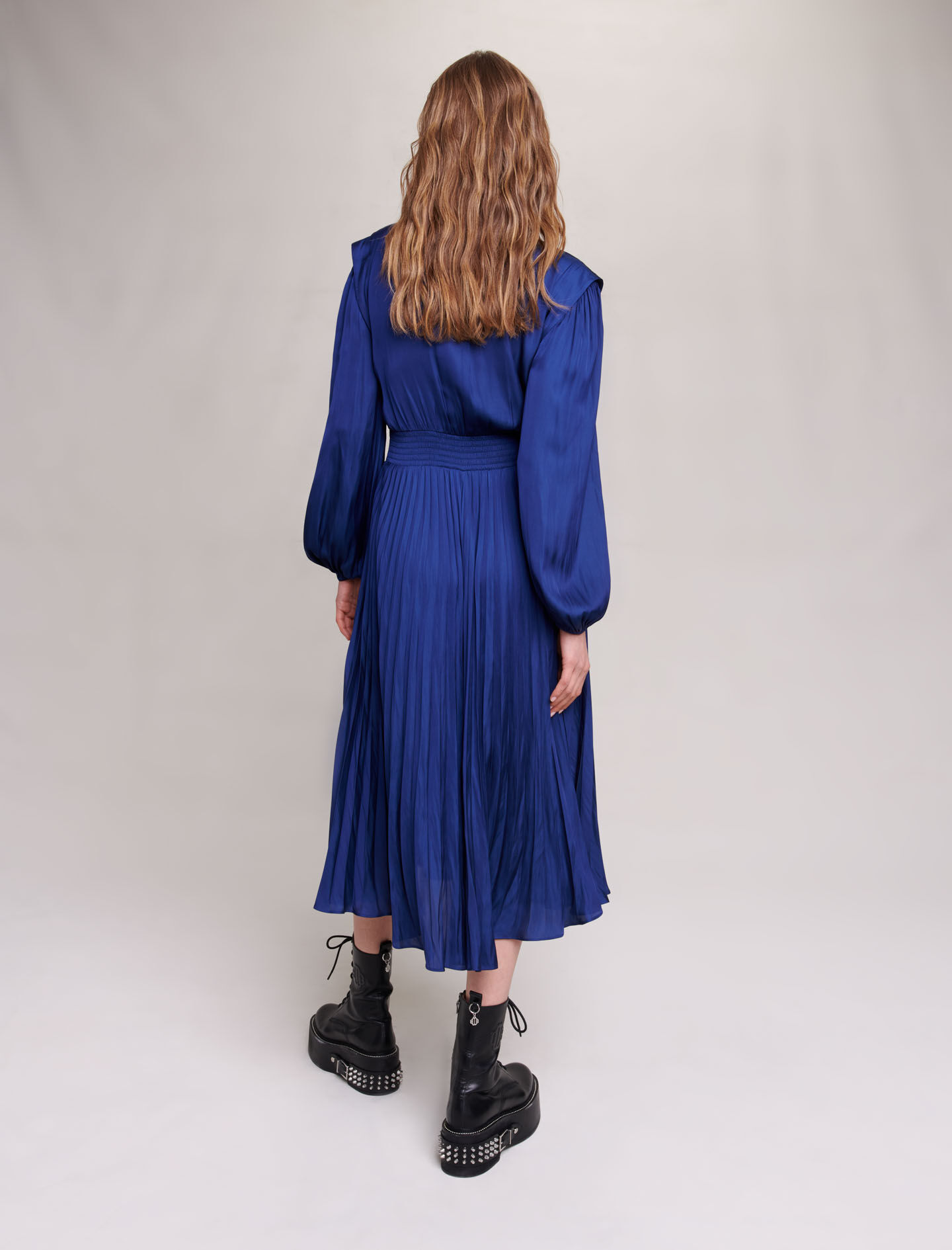 Geplooide satijnen midi-jurk - Kleinblauw