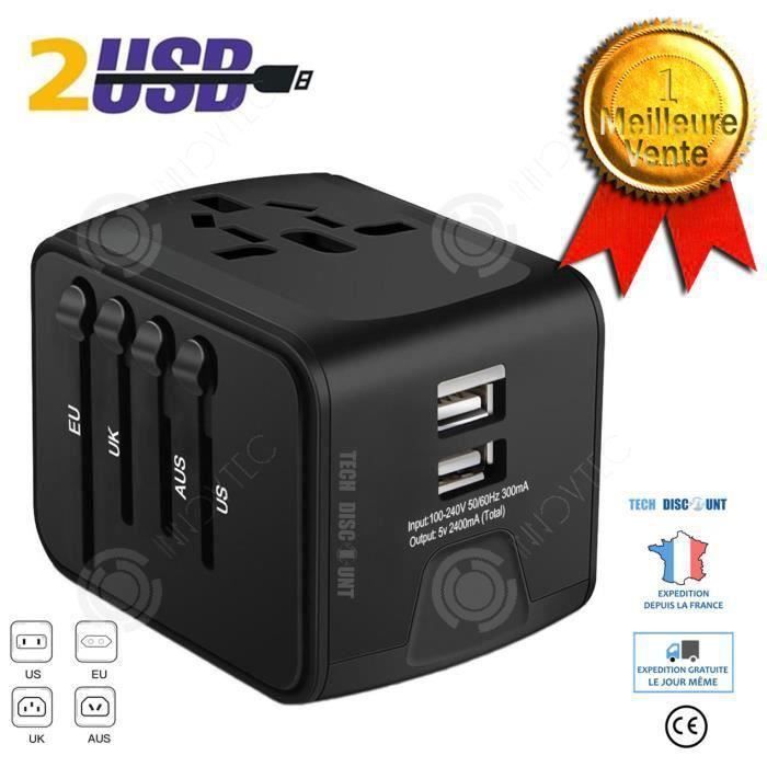 INN® Universele reisadapter met meerdere stopcontacten, geschikt voor de VS, het VK, Australië en 150 andere landen, inclusief internationale stekker, USB-veiligheidszekering en 5V 2,4A multi-pod oplader.
