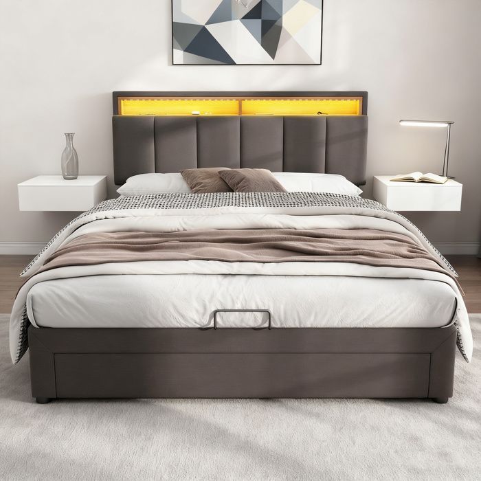 Cama con almacenamiento de 140x190 cm - NEXU - Gris antracita - LED integrado - Cajones de almacenamiento - Cabecero ajustable