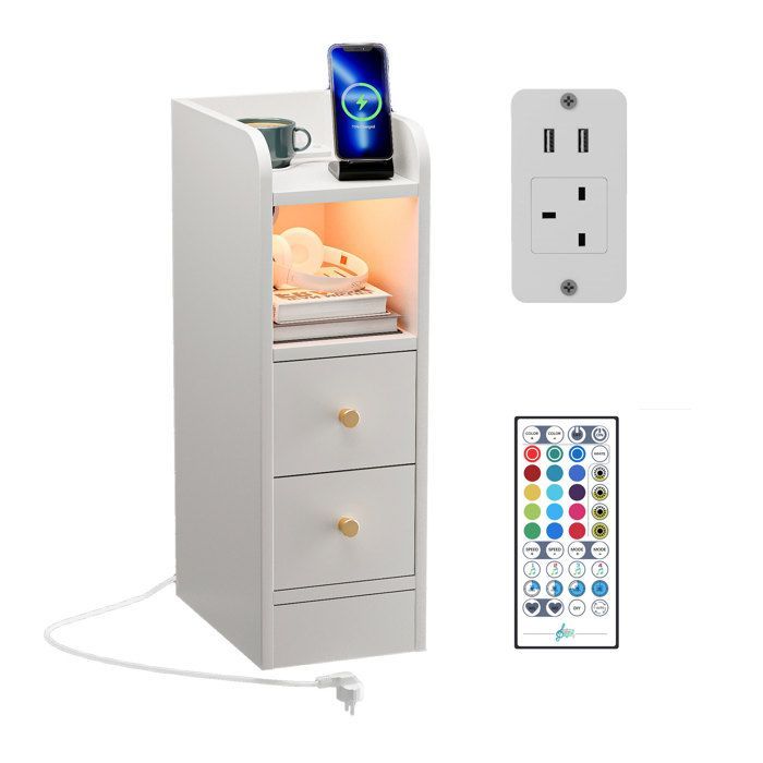 Table de Chevet Étroite 2 Tiroirs 4 Niveaux avec Prise Recharge 1AC/2USB et Lampe LED - Rangement pour Chambre 30x20x60 cm - Blanc