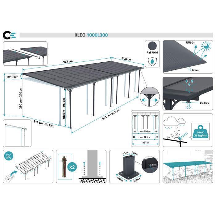 Carport KLEO Cazeboo, abrigo para carro em alumínio de 10x3 m com cobertura em policarbonato cinza, 30 m²