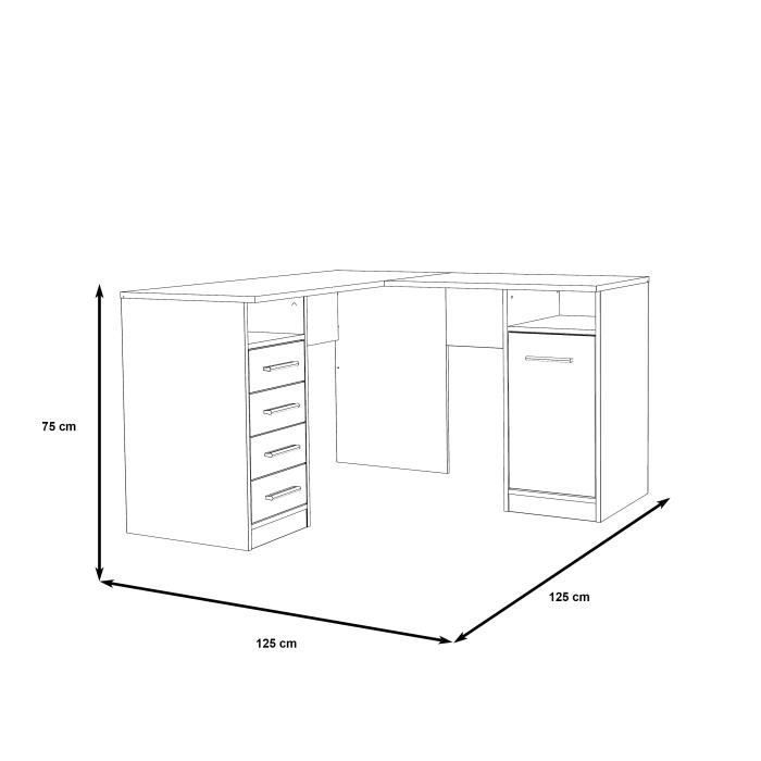 TOLEDE Corner Desk with 1 Door and 4 Drawers - White Paper Finish - W 125 x D 125 x H 75 cm