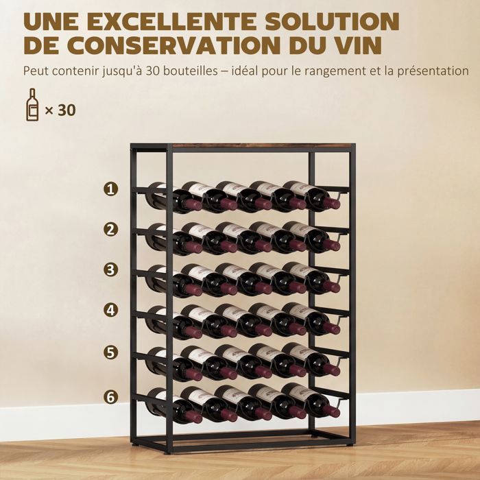 Botellero - HOMCOM - 30 botellas y 6 niveles - estilo industrial - estructura metálica - 59x30x88,5 cm - marrón rústico