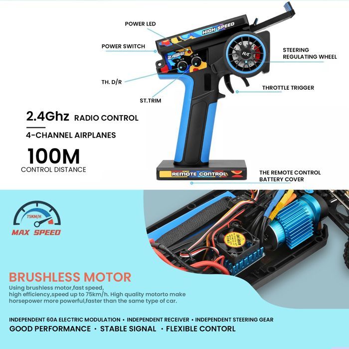 Brushless Electric RC Racing Car, 75 KM/H RTR 2.4G, 4WD, High Speed, Off-Road Drifting Toys for Kids and Adults