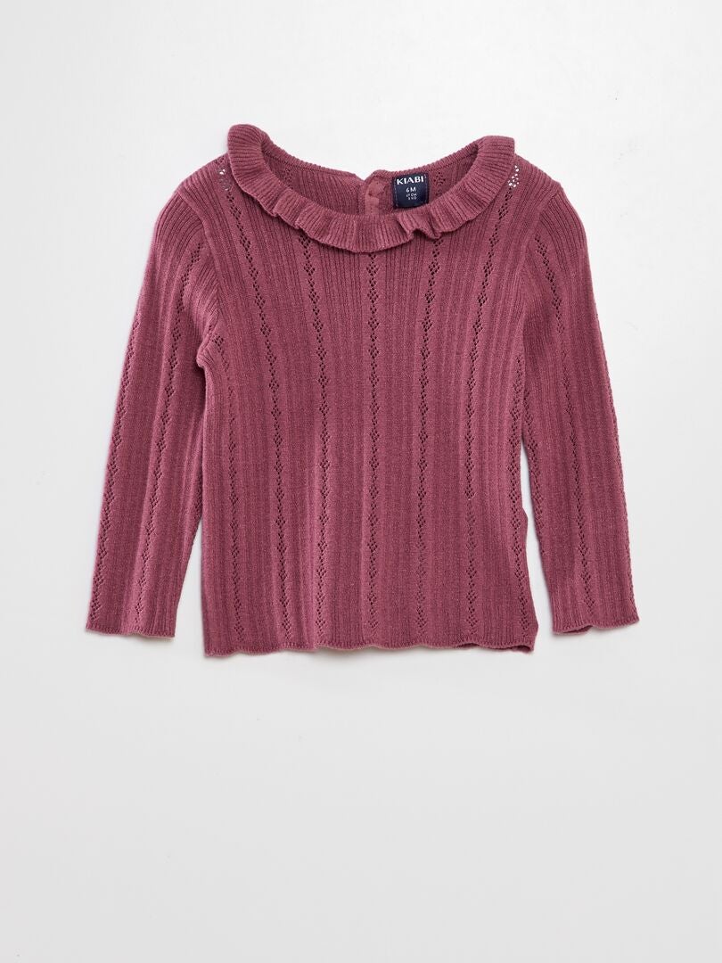 Suéter de tricô vazado com gola franzida - ROSA