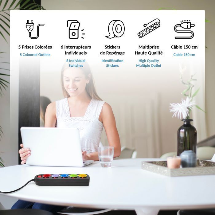 Régua de tomadas FISHTEC Schuko com 5 saídas + 2 portas USB, tomadas com código de cores e interruptores individuais, 3680W, cabo de 180cm.