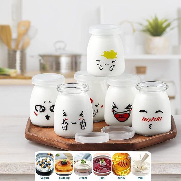 yogures con tapa de 150 ml/106 g. Pequeños yogures de vidrio con tapa para 6 yogures redondos.