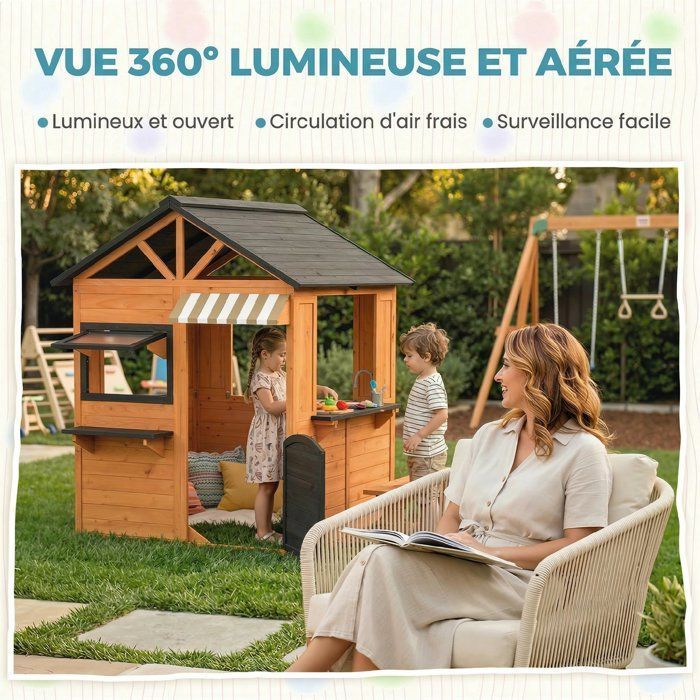 Cabane enfant extérieur en bois, maison enfant extérieur/intérieur avec cuisine de jeu, fenêtres, porte et banc, marron