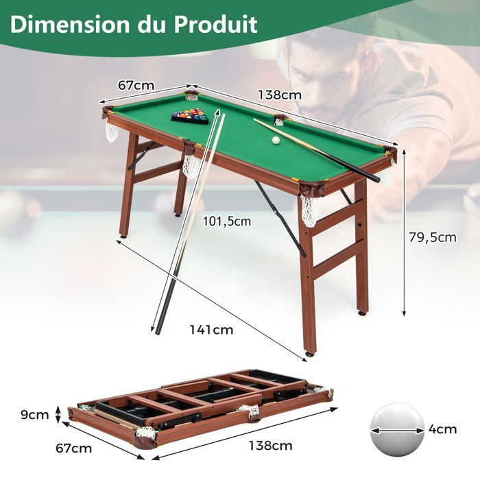 Table de Billard Pliable Enfants et Adultes DREAMADE Jeu de Billard 16 Balles, Triangle, 2 Craies, 2 Queues, Brosse, Pieds
