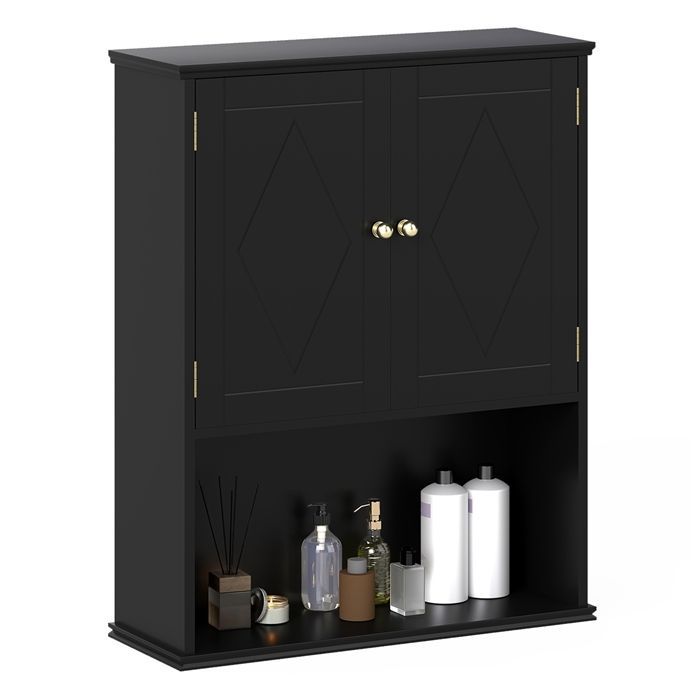 COSTWAY Meuble Mural Salle de Bain avec 2 Portes, Étagère Réglable, Compartiment Ouvert, pour Toilette, Buanderie, Salon, Noir
