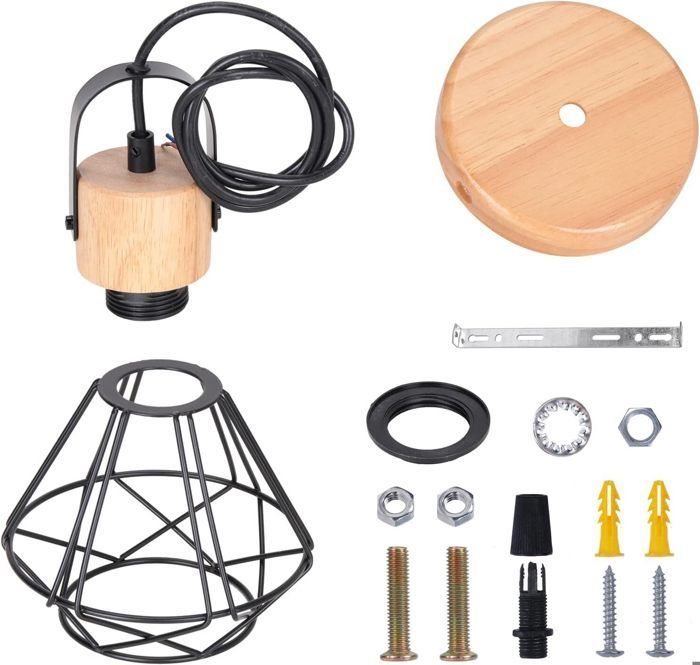 IDEGU Suspension Luminaire Industrielle, 16CM Vintage Lustre Suspension en Fer et Bois Rétro Cage Design Noir pour Salon Chambre