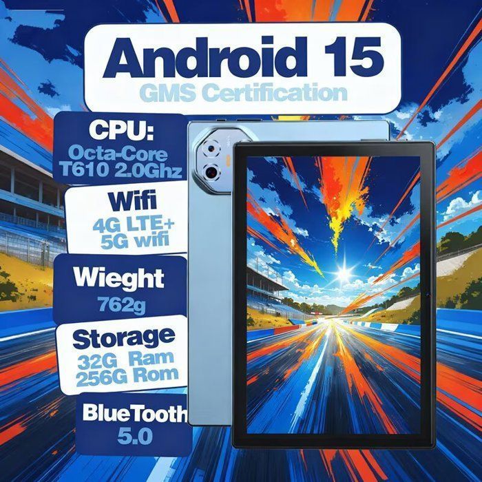 Tablette tactile TAKINURU 32 Go + 256 Go, 10,1 pouces, Android 15, Octa-Core, Wi-Fi 5G, Port Type-C, Batterie de 8000 mAh,Bleu