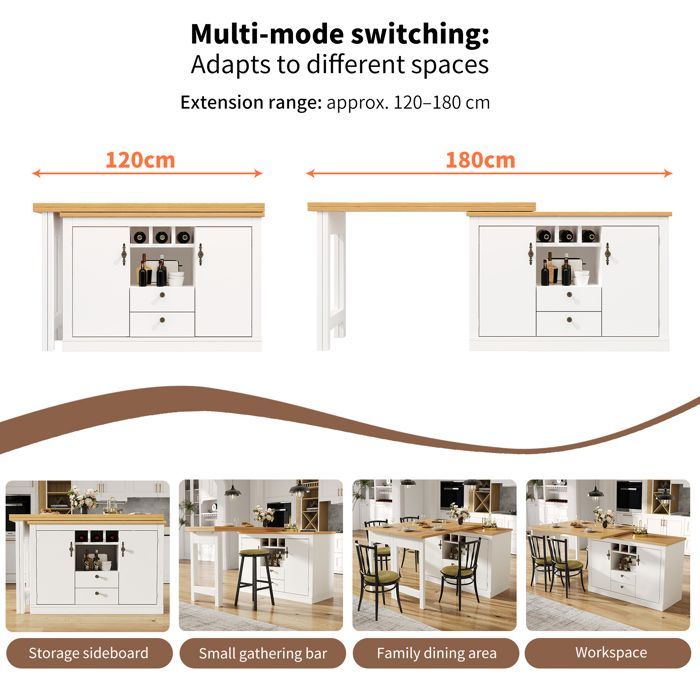 Isla de cocina multifuncional extensible, mesa de bar ajustable con rotación de 360° (120-180 cm), con 2 cajones y puertas, color blanco.