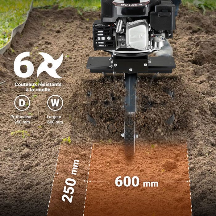 Motocultor rotativo Wiltec de 60 cm y 2,5 kW con 6 cuchillas, depósito de 0,8 L, profundidad de trabajo de 25 cm, motor de gasolina OHV y aireador/escarificador.
