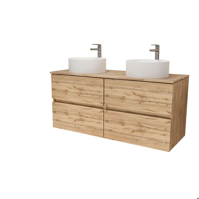 Badezimmer-Waschtischunterschrank 120 cm mit 4 Schubladen in Eiche natur - 2 runde 36 cm weiße Keramikwaschbecken