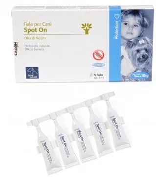 CAMON Spoton, frascos de óleo de neem para cães, 5 frascos para até 10 kg.