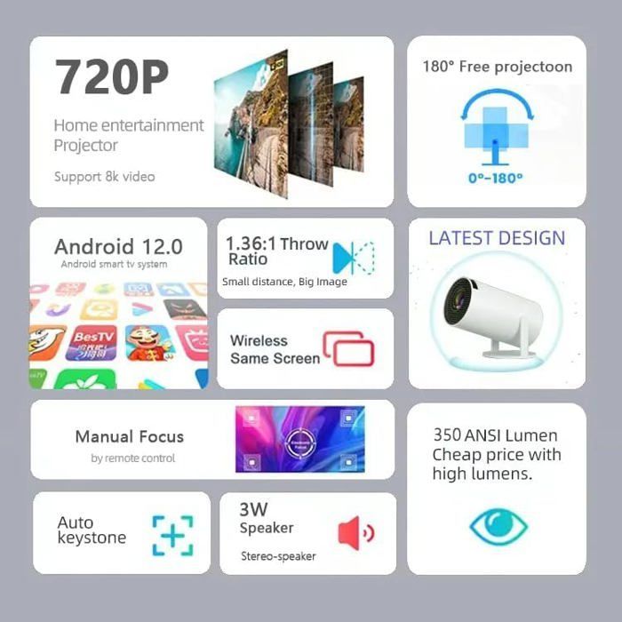 Portable Smart Projector - SUTEO - Android 11 - 4K - 5G WiFi - Bluetooth 5.0 - 280 degrees - Phone, PC