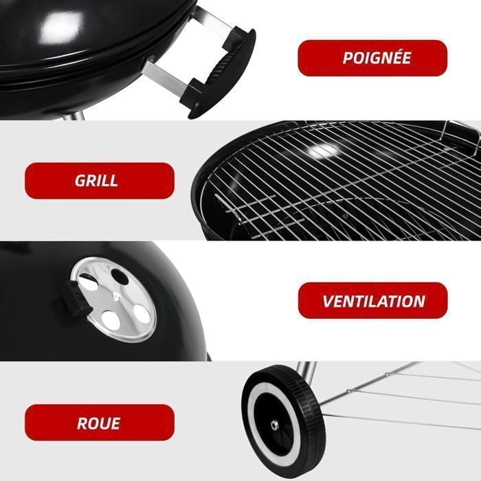 Barbecue rotondo a carbone, diametro 57 cm, barbecue mobile, griglia da giardino portatile, con coperchio e 2 ruote - 60 * 57 * 82 cm