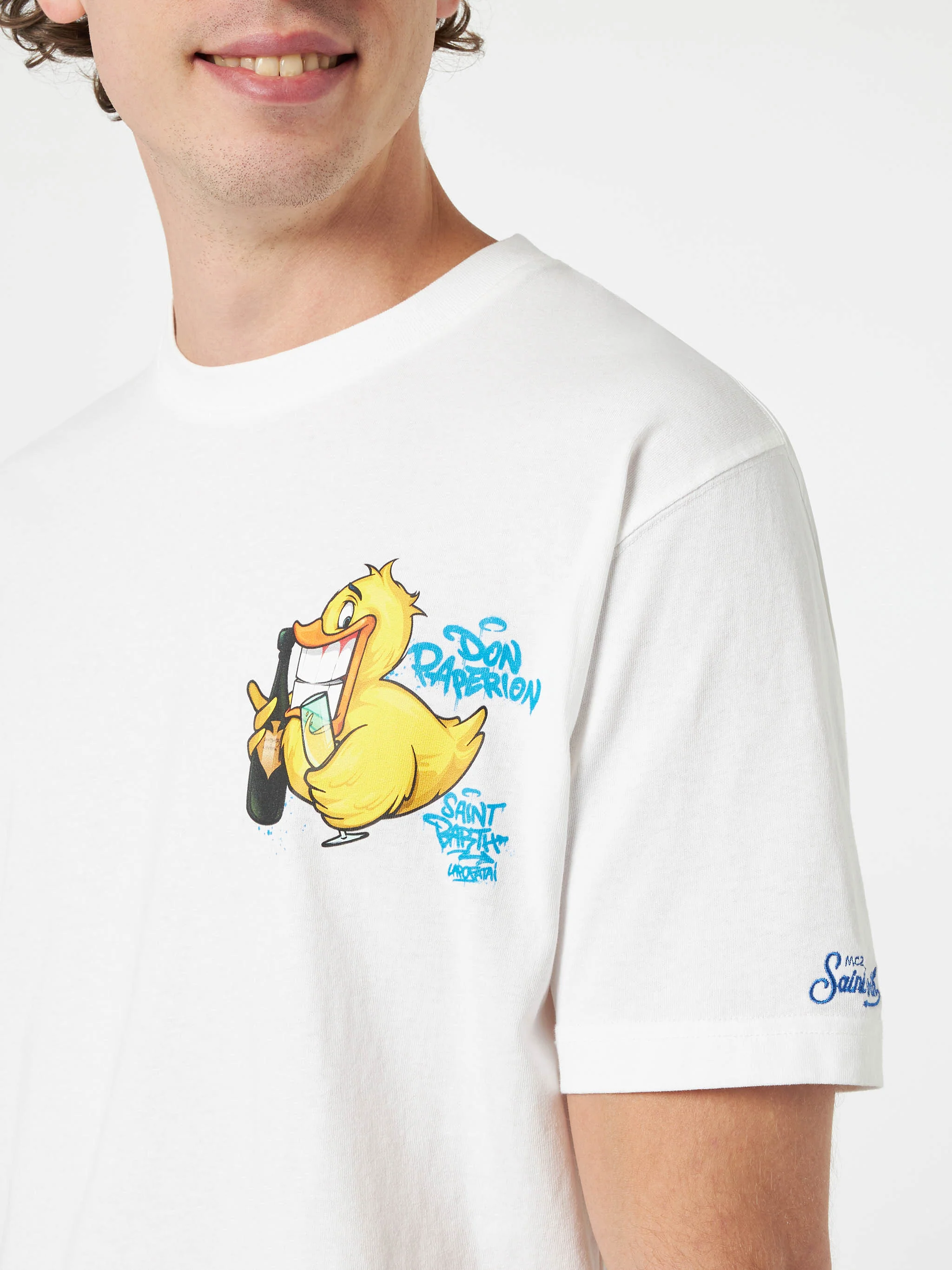Heren katoenen T-shirt met Cryptopup-print op de voor- en achterkant.