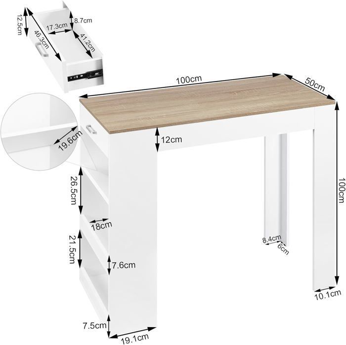 WOLTU Bar Table, High Kitchen Table with Drawer, Engineered Wood Console Table, 100x50x100cm, White+Light Oak W0ATT0371