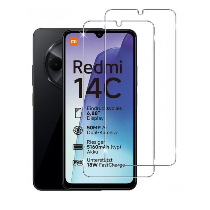 Paquete de 2 protectores de pantalla de vidrio templado para Xiaomi Redmi 14C. Transparente, resistente a los arañazos, protector de pantalla ultrarresistente con dureza 9H.