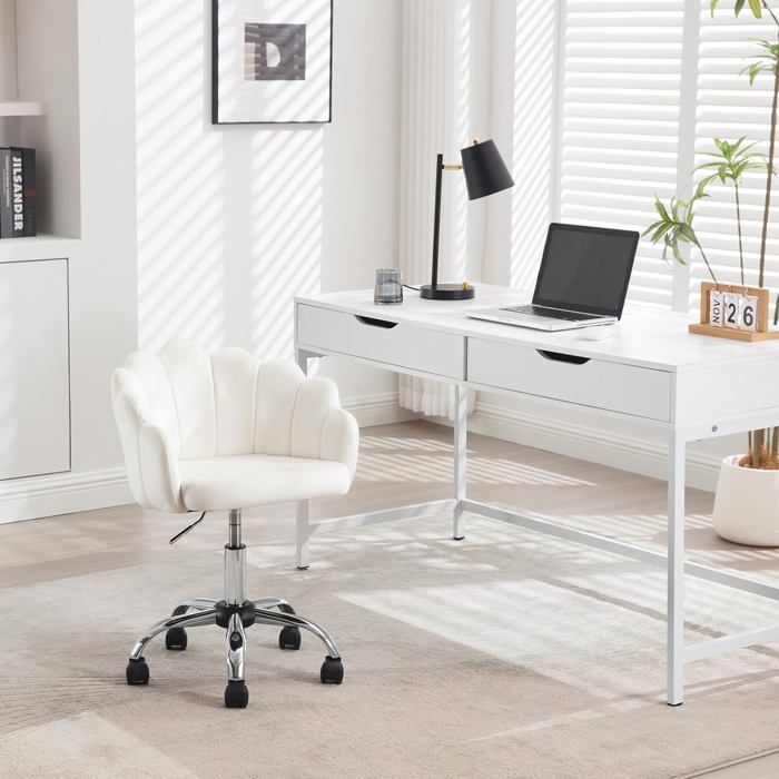 WOLTU Chaise Bureau Pivotante en Velours, Fauteuil Coiffeuse avec Dossier en Pétale, Hauteur Réglable, Crème Blanc W0ATT0397
