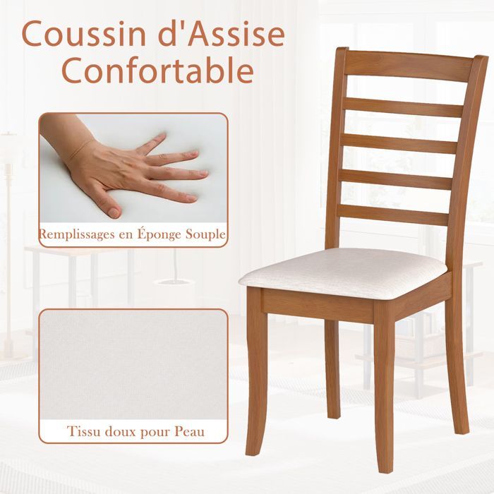 COSTWAY Set of 2 Hevea Wood Dining Chairs 44 x 56 x 96 cm - High Slatted Backrest - Seat 44 x 44.5 cm Upholstered Beige