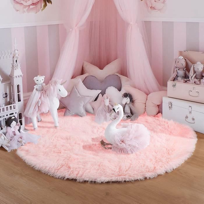 Tapis Rond Chambre 120cm - Anti Slip Doux Moelleux - Rose