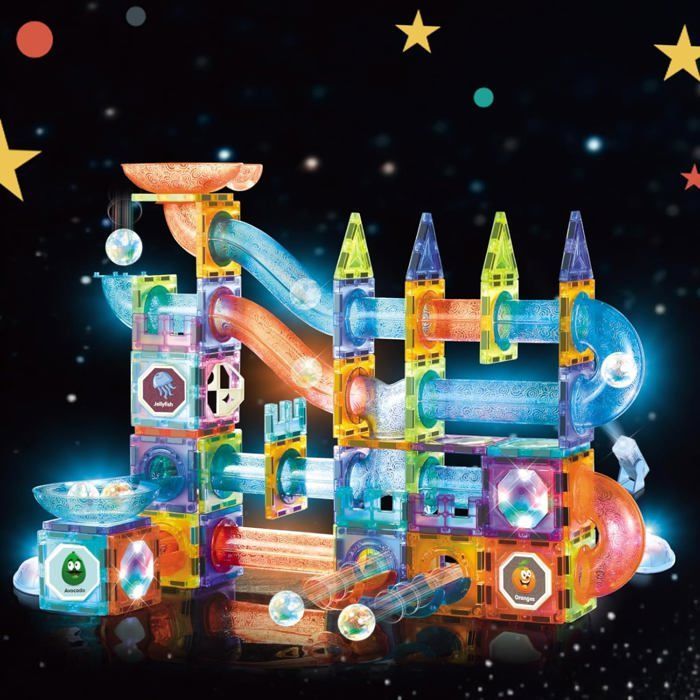 Bloques de construcción magnéticos - Construcción magnética infantil - Piezas magnéticas - 142 piezas, con luces LED - Idea de regalo para niños y niñas
