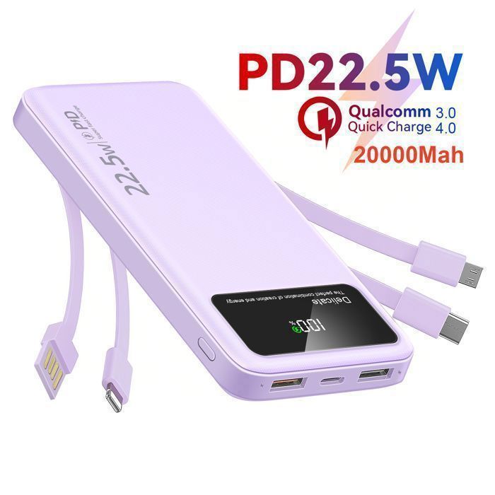 Batterie Externe 20000mAh-4 Câbles Intégrés-6 Sorties et 3 Entrées-pour Affichage LED-Batterie Portable  Mince Power Bank-violet
