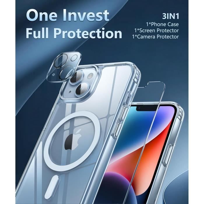 Funda para iPhone 14 - MASSILIA TECH - 2 protectores de pantalla de cristal templado - Protector de cámara integrado - MagSafe magnético
