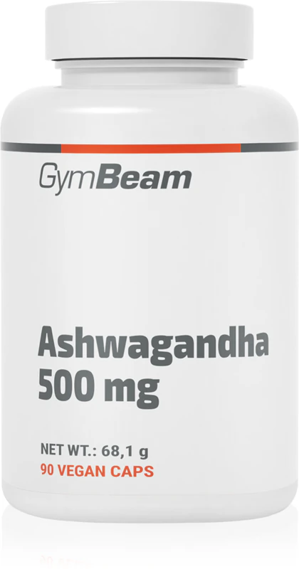 GymBeam Ashwagandha 500 mg voedingssupplementcapsules ter ondersteuning van de fysieke en mentale gezondheid.