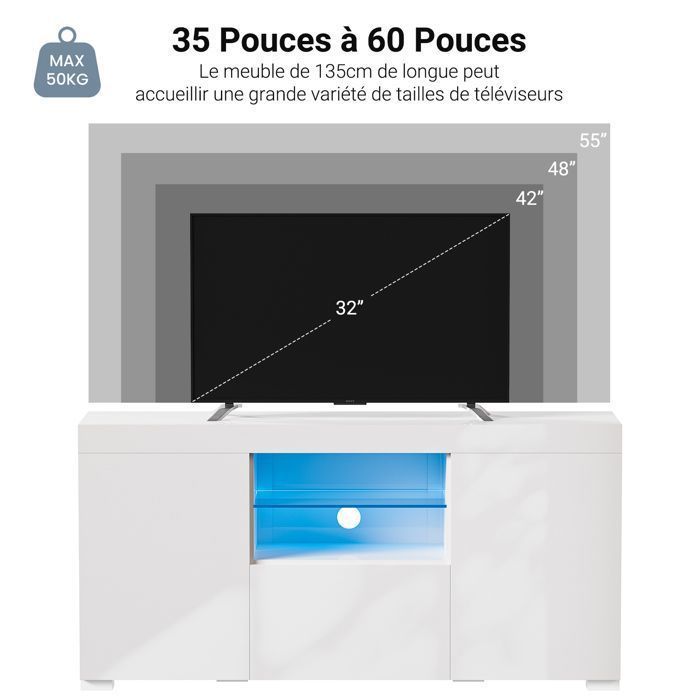 Mueble para TV Dripex blanco brillante con iluminación LED, armario de almacenamiento, aparador para sala de estar, mueble de almacenamiento moderno, 135 cm