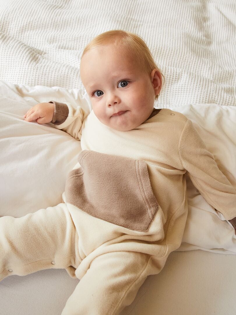 Pijama de lã polar bicolor com bolso canguru - BEGE