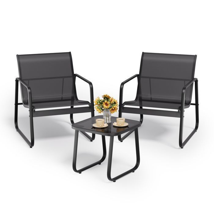 Salon de Jardin - Bealife - Fauteuil Teslin Respirant en Métal - Table Basse Verre Trempé - Meuble de Jardin Extérieur - 2 Places
