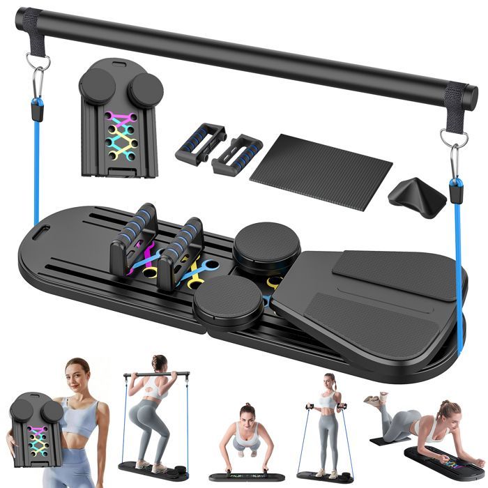 Tabla de Pilates 6 en 1 con contador - Set de Pilates Reformer - Rebote automático - Plegable - Ejercicios abdominales - Negro