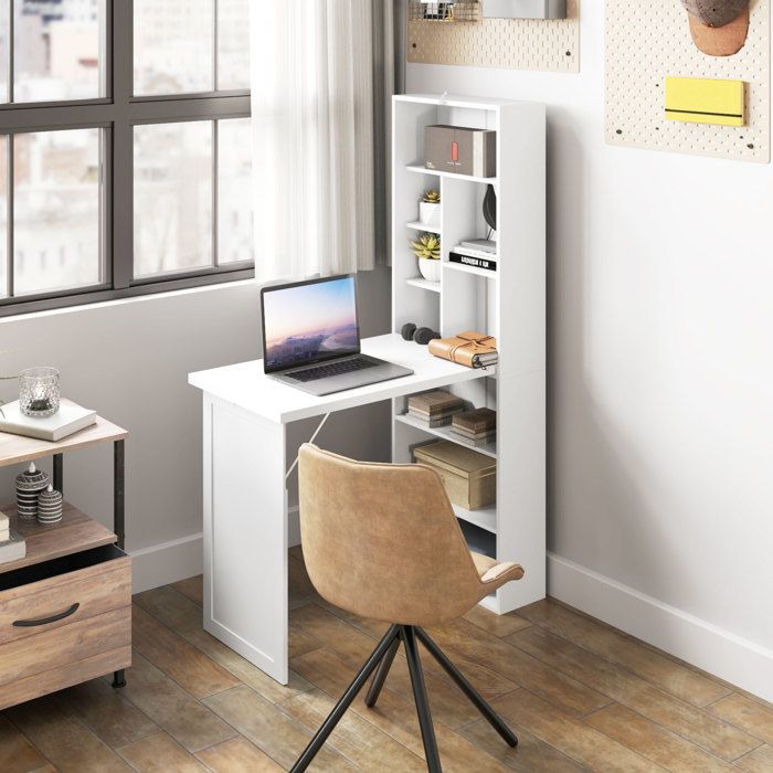 Escritorio con almacenamiento - HOMCOM - plegable - librería, estación de trabajo, pizarra blanca, estante ajustable - MDF - 98x51x153cm - blanco