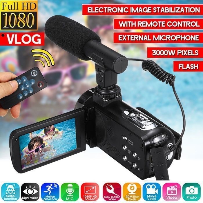 Videocámara digital, 1080p, 5 megapíxeles, pantalla HD de 3 pulgadas, zoom digital 18x, interfaz USB, portátil, negra
