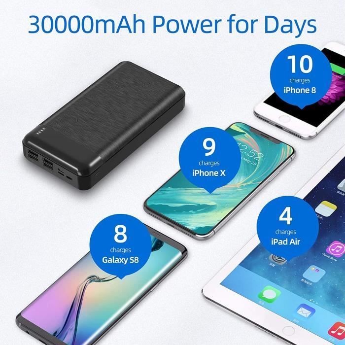 Batería externa de 30000 mAh, cargador de teléfono móvil de alta velocidad con 4 puertos, compatible con smartphones.