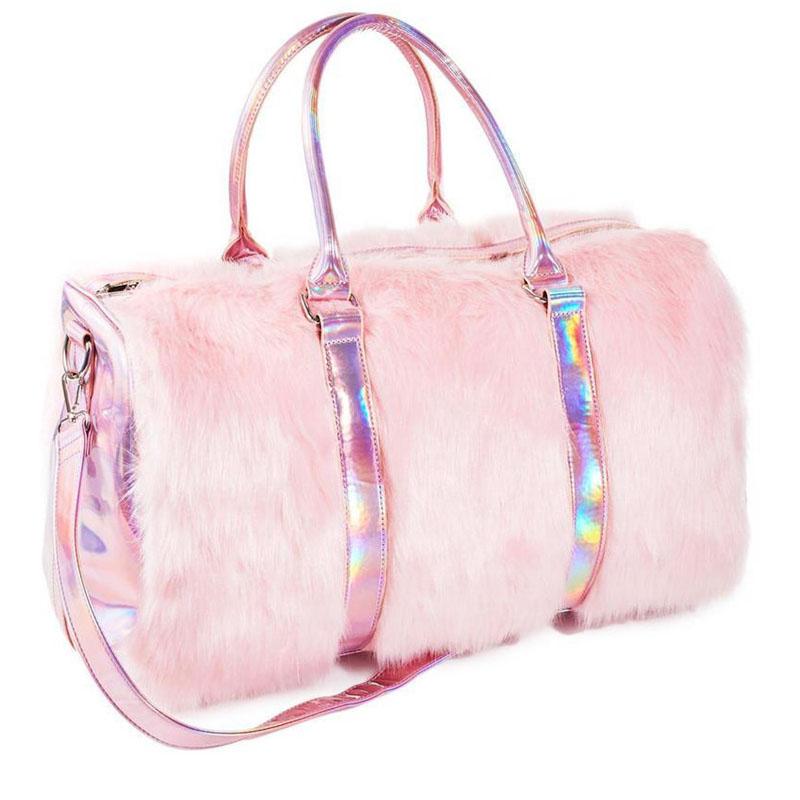 Borse a mano morbide e arcobaleno Sweet Girls in pelliccia sintetica da donna, borse tote di grande capacità Laser Symphony rosa, borse a tracolla da viaggio Boston