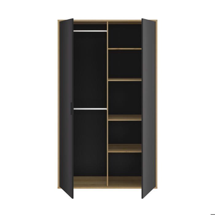 Armario de dos puertas con acabado en madera negra mate, barra para colgar ropa y estantes.