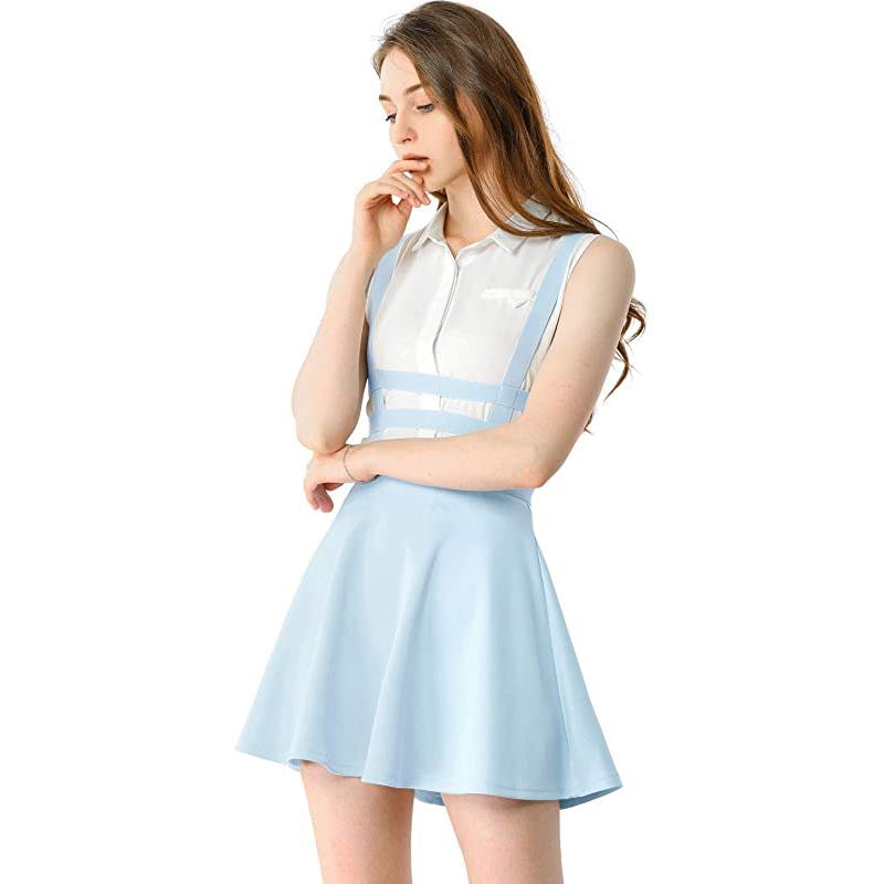 Minigonna a pieghe da donna a trapezio con elastico in vita e bretelle in stile Kawaii