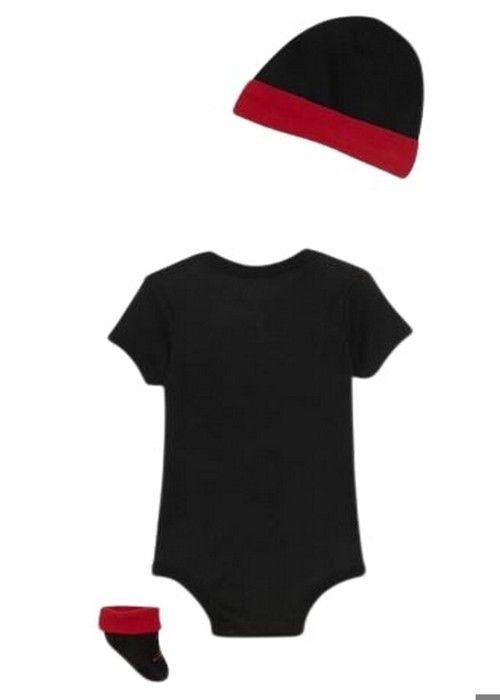 Jordan 3-delige cadeauset voor babyjongens, zwart en rood: romper, slabbetje, mutsje en babyschoentjes