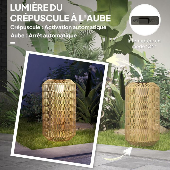 Lampada da terra solare per esterni Outsunny in resina intrecciata - ricaricabile - con sensore di luce - stile boho - 55 cm - gialla