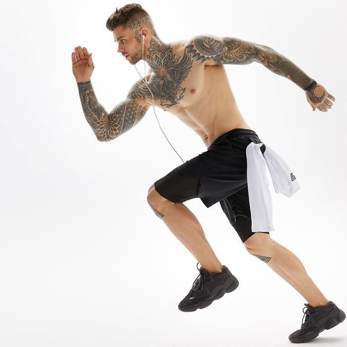 Shorts de compressão masculinos, shorts esportivos 2 em 1 para corrida, camada dupla, shorts de fitness de secagem rápida com bolso, pretos.