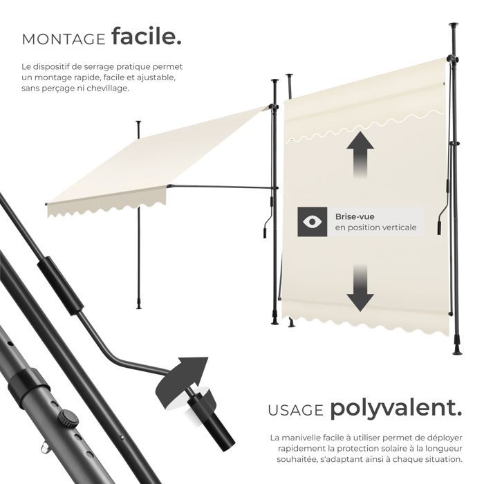 Store banne de jardin - TECTAKE - Store à pince sans perçage avec manivelle réglable en hauteur - Beige - 200 x 180 cm