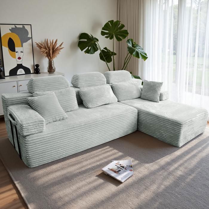 Reversible corner sofa with chaise longue, modular high-back sofa, deep seat sofa bed without assembly, grey