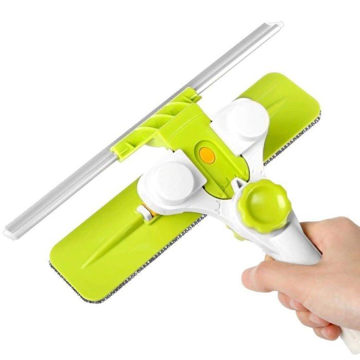 Limpiacristales con mango telescópico, extensible en un ángulo preciso, y rasqueta exterior de doble cara.