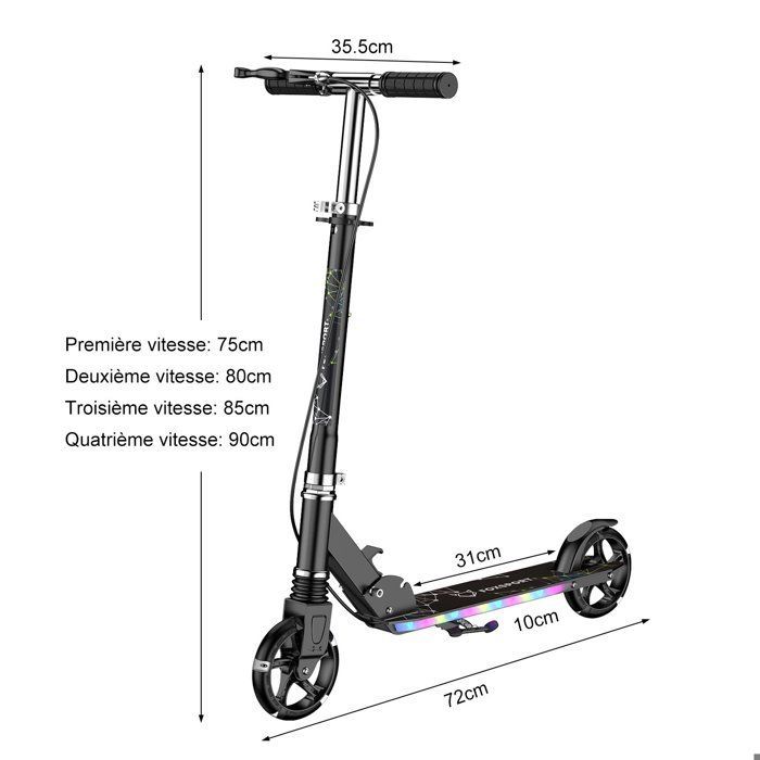Trottinette enfant - FOXSPORT - Modèle lumineux et stylé - Pliable - Guidon réglable 4 niveaux - Double frein