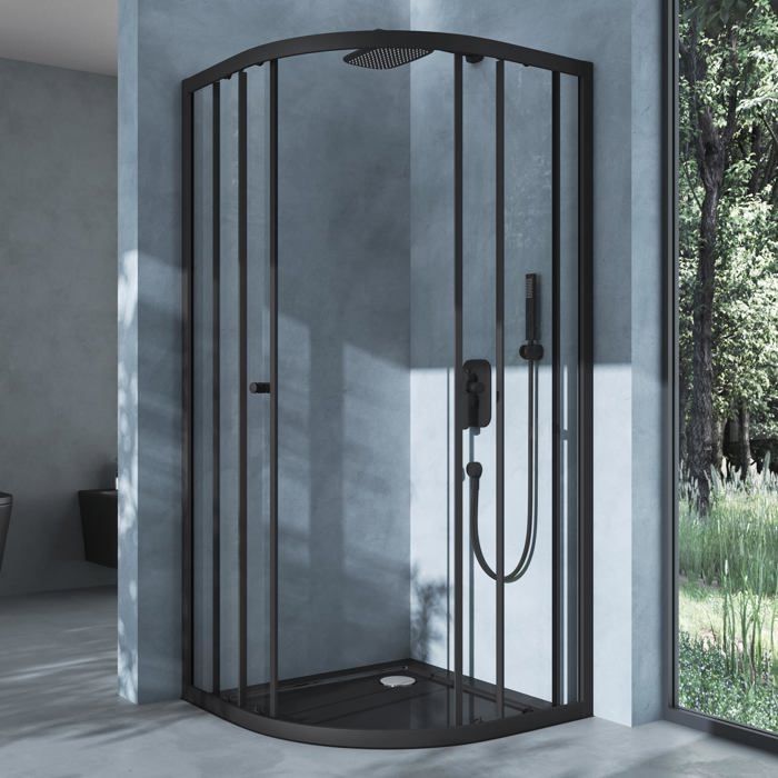 Mampara de ducha Doporro negra con puerta corredera, panel semicircular, 100x100x190 cm, cristal transparente, ESG Ravenna32K